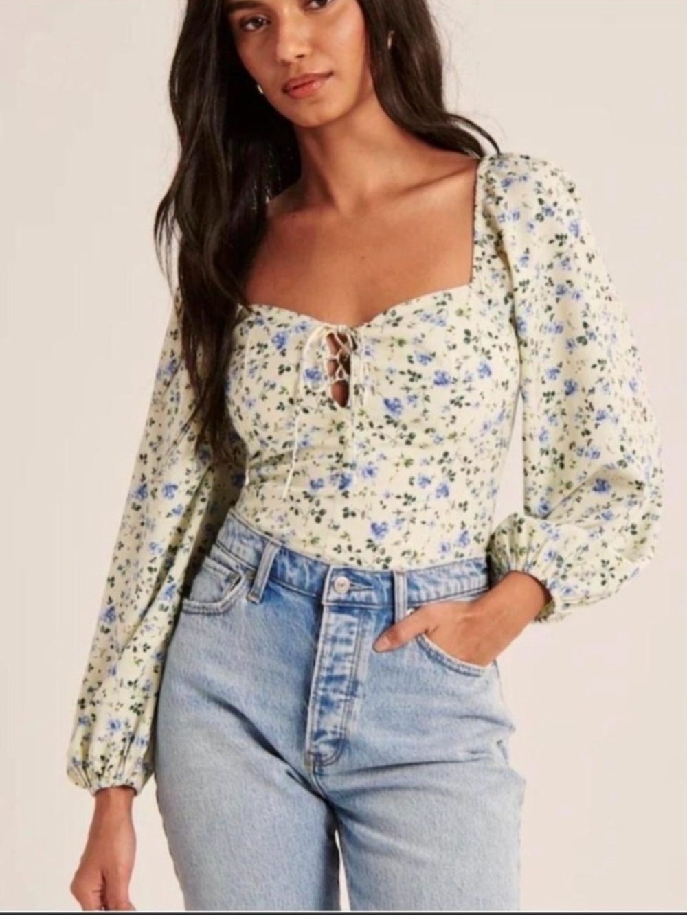 Abercrombie and Fitch Lace-Up Sweetheart Top - Cream with Blue Floral